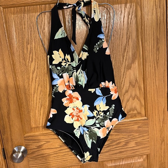 Kona Sol Other - Kona Sol - Black Floral Halter one piece with medium coverage & fully li…